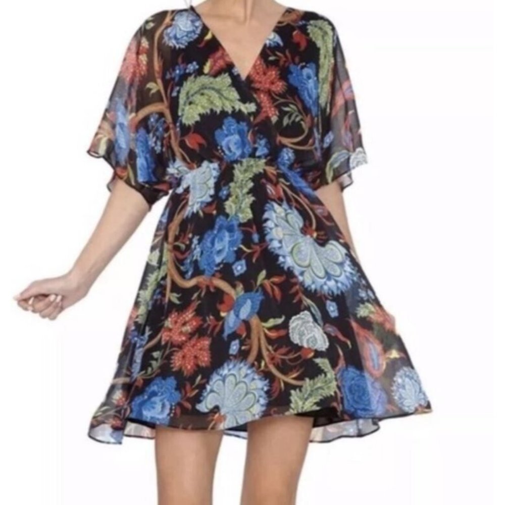 Alice + Olivia Cay Dress Black Floral Mini Size 2 V Neck Short Sleeve Babydoll - Picture 2 of 5